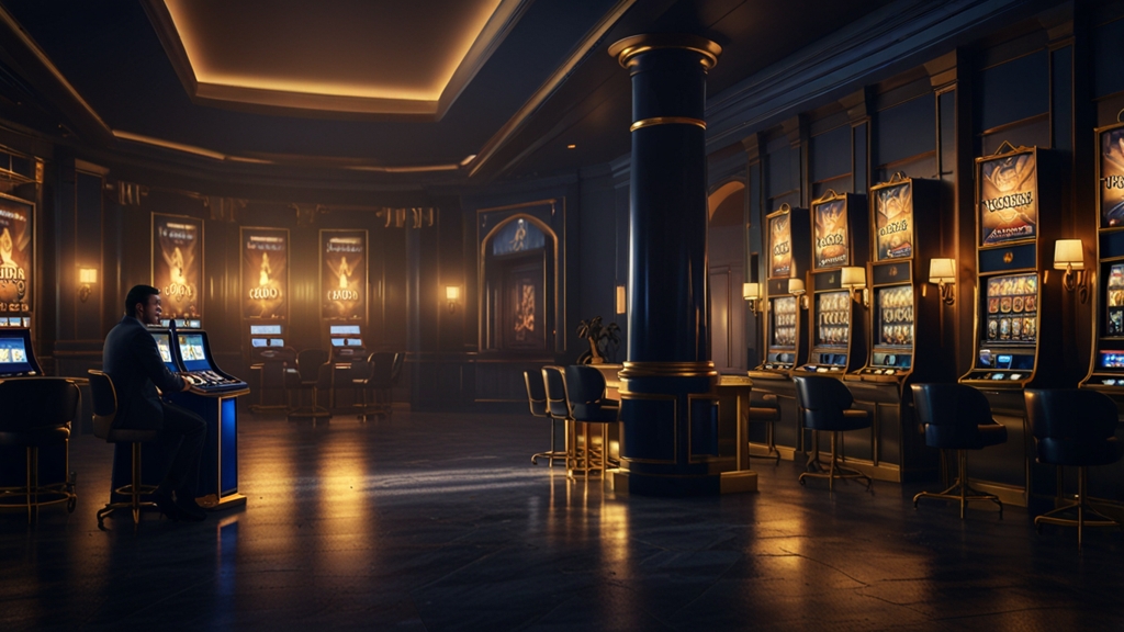Dunkle Casino-Lobby mit Bonuskarten und leuchtenden Spielautomaten