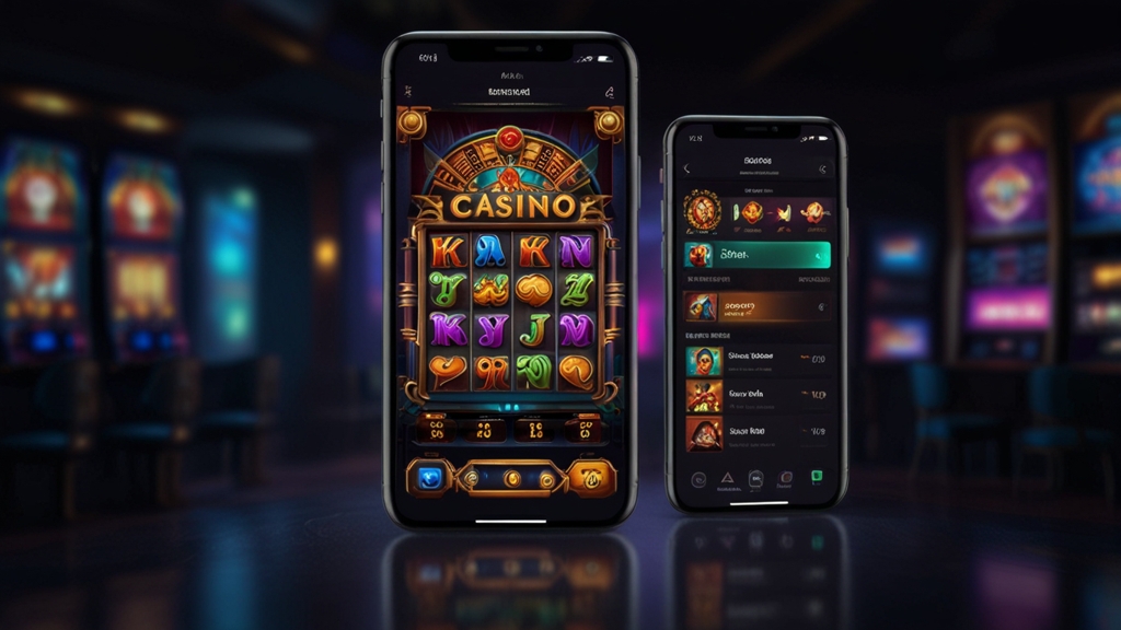 Smartphone mit Login und Lobby einer Casino-App in dunkler Neon-Optik