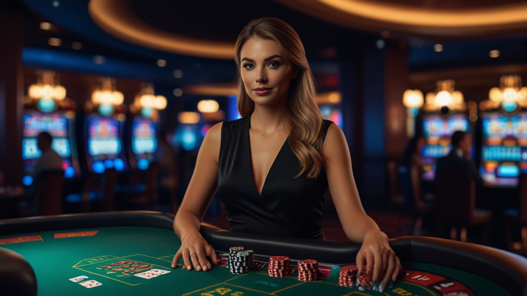 Dealer am Live-Tisch mit moderner Casino-Atmosphäre und Live-Interaktion